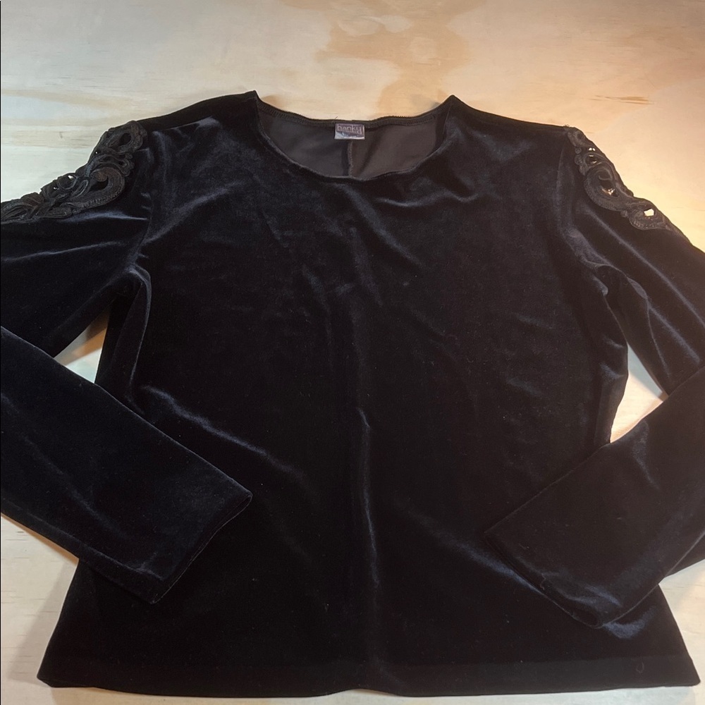 Vintage Hanky Panky Black Velvet Blouse with Lace Accents Long sleeves USA Sz M